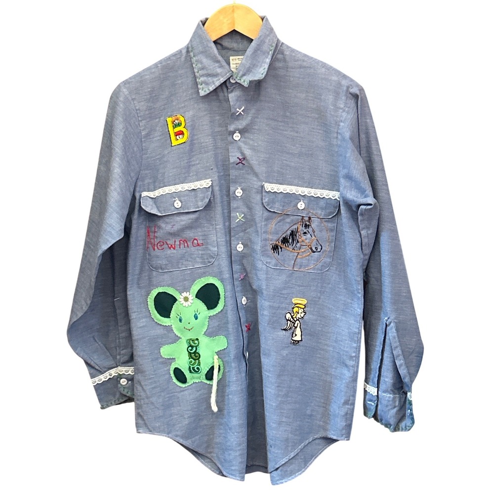 70s Big Mac JCPenney Chambray Shirt Folk Art Hand Embroidered Kitschy Kidcore